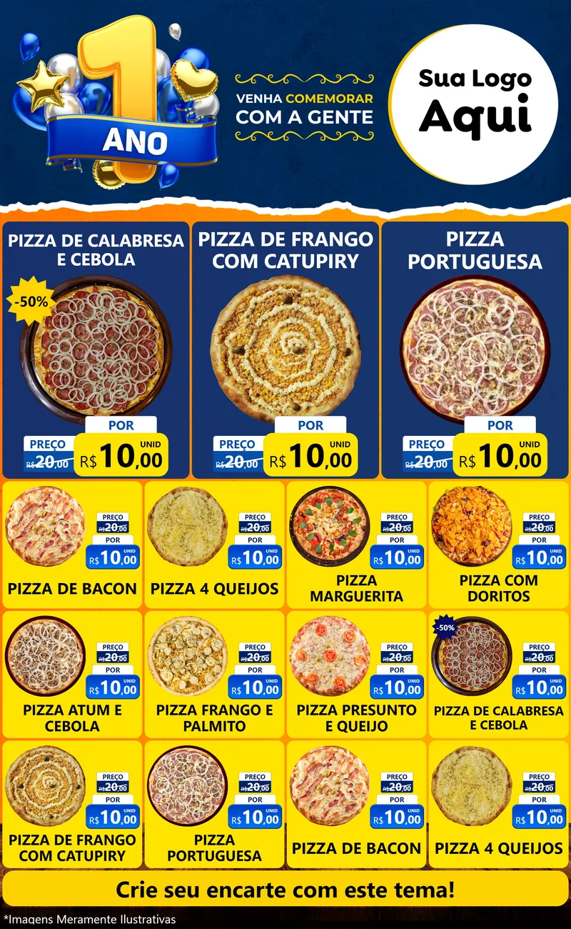 Modelo de Encarte para Encarte Grande com o tema Um Ano de Aniversário para Pizzaria