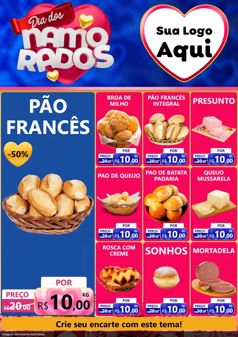Modelo de Encarte para Encarte A4 Vertical com o tema Dia dos namorados para Padaria