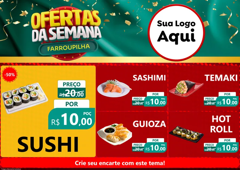 Modelo de Encarte para Encarte A4 Horizontal com o tema Ofertas da Semana Farroupilha para Comida japonesa