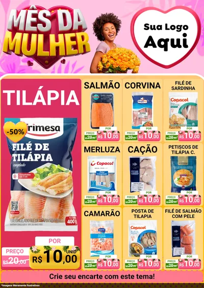 Modelo de Encarte para Encarte A4 Vertical com o tema Mês da Mulher para Peixaria