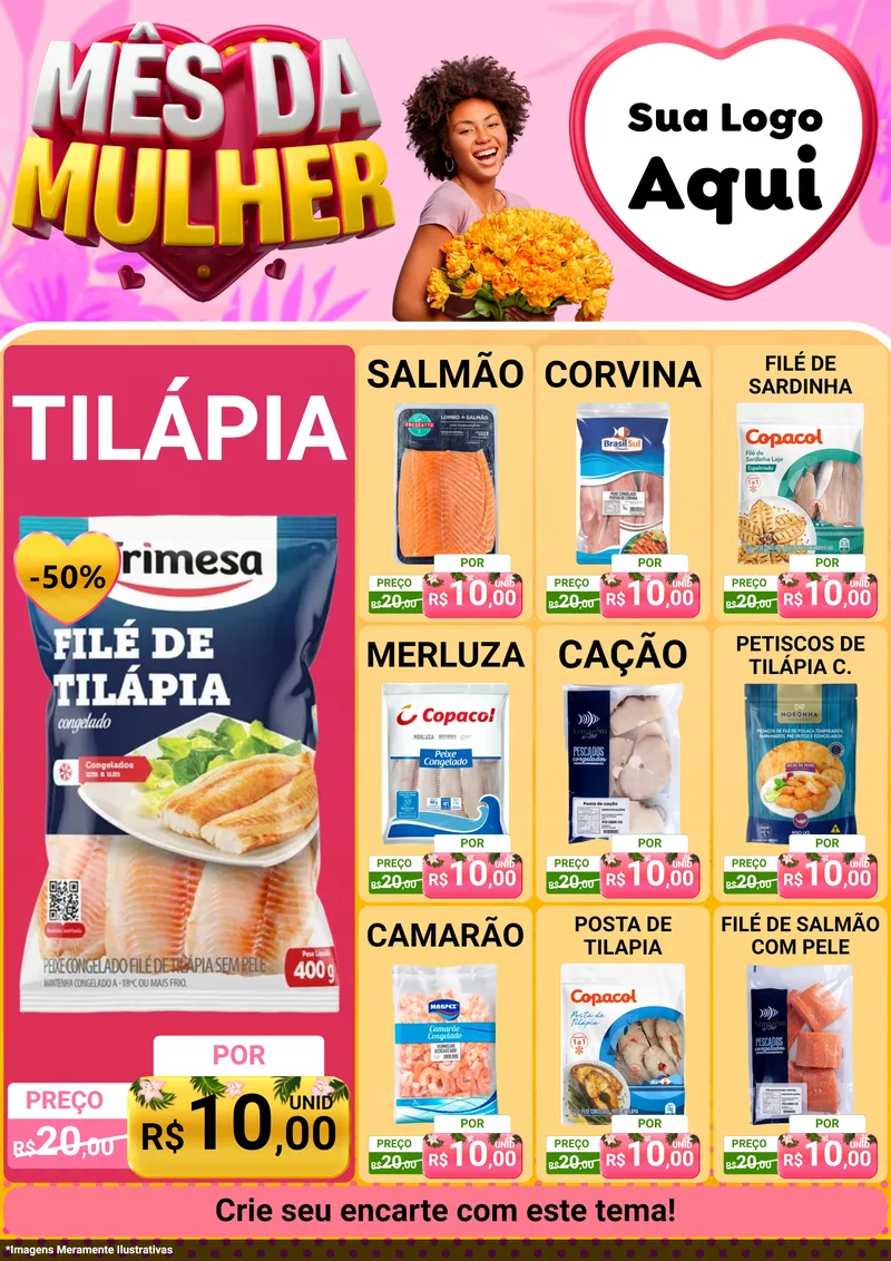 Modelo de Encarte para Encarte A4 Vertical com o tema Mês da Mulher para Peixaria