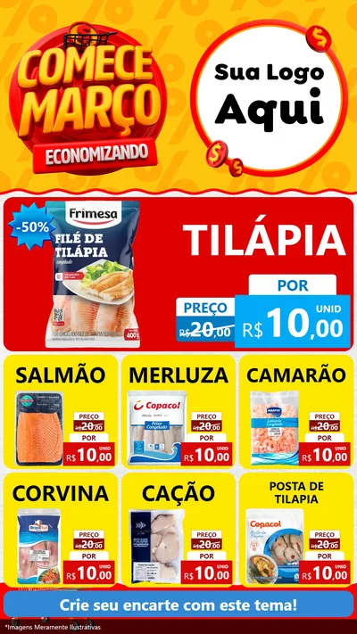 Modelo de Rede Social para Stories com o tema Comece Março Economizando para Peixaria