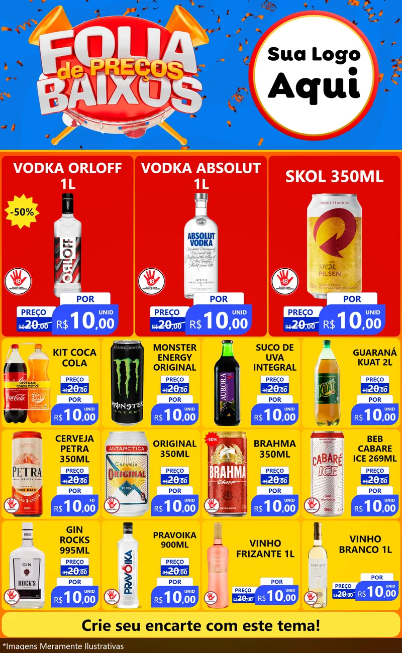 Modelo de Encarte para Encarte Grande com o tema Folia de Preços Baixos para Distribuidora de bebidas