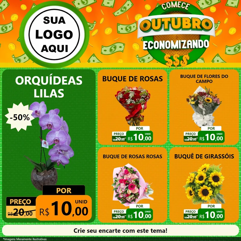 Modelo de Rede Social para Feed Facebook com o tema Comece Outubro Economizando para Floricultura e jardim