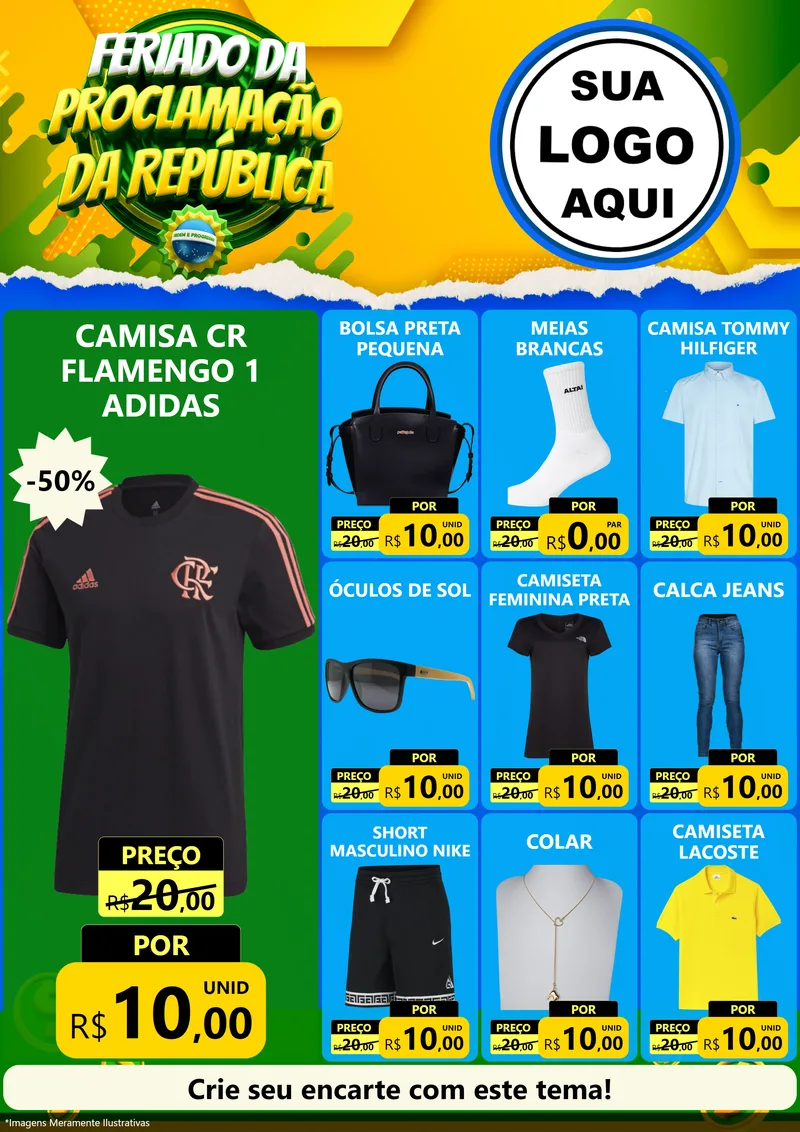 Modelo de Encarte para Encarte A4 Vertical com o tema Feriado da Proclamação da República para Roupas e acessórios