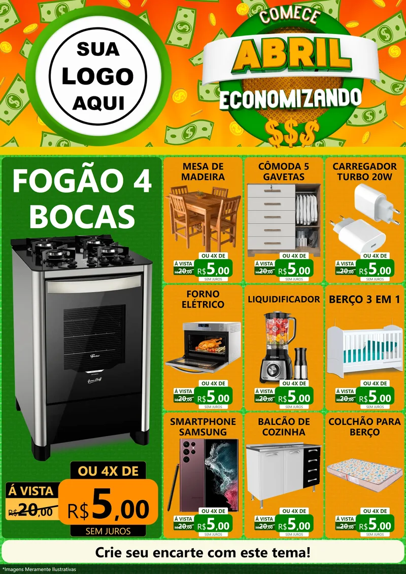 Modelo de Encarte para Encarte A4 Vertical com o tema Comece Abril Economizando para Móveis e Eletro