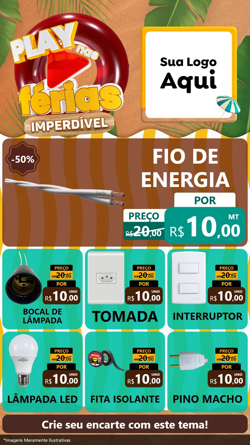Modelo de Rede Social para Stories com o tema Play Nas Férias Imperdível para Materiais Elétricos
