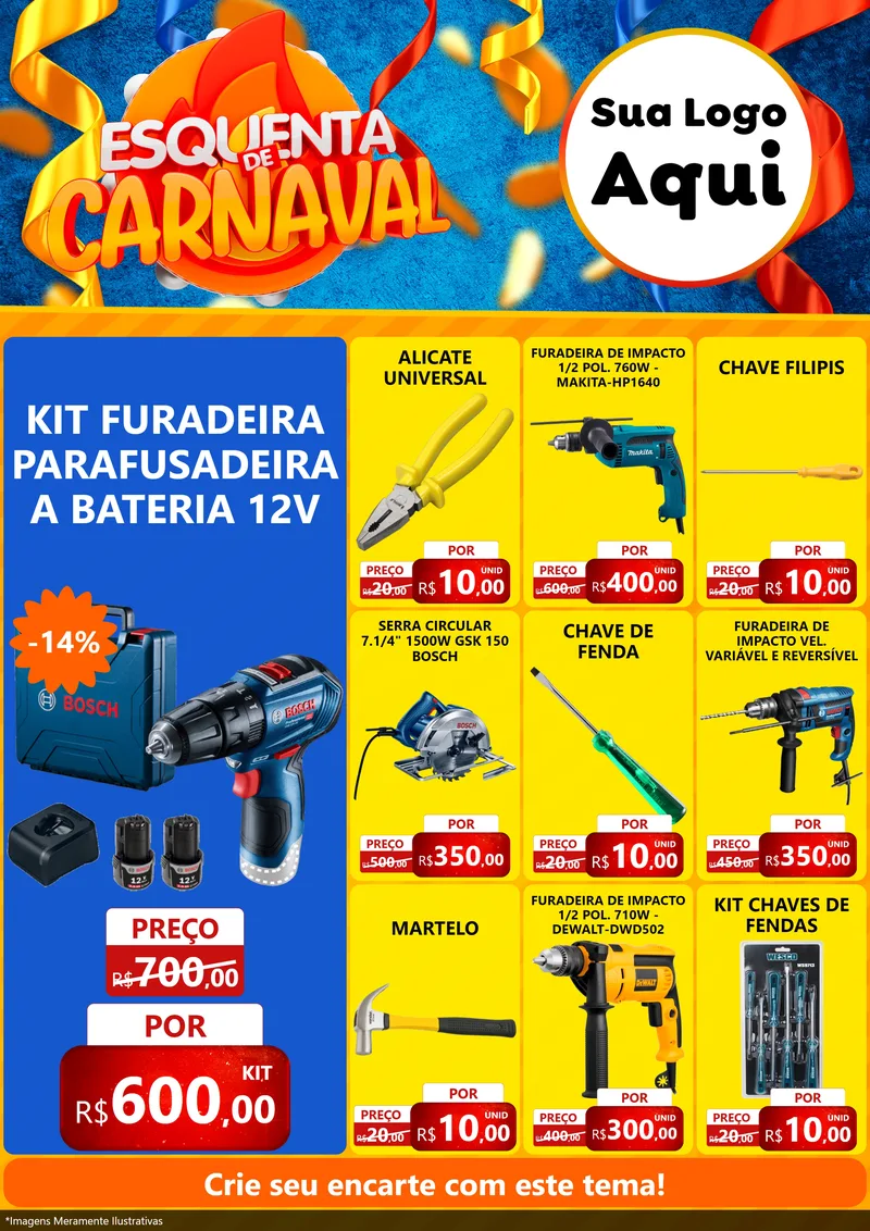 Modelo de Encarte para Encarte A4 Vertical com o tema Esquenta de Carnaval para Maquinas e Ferramentas