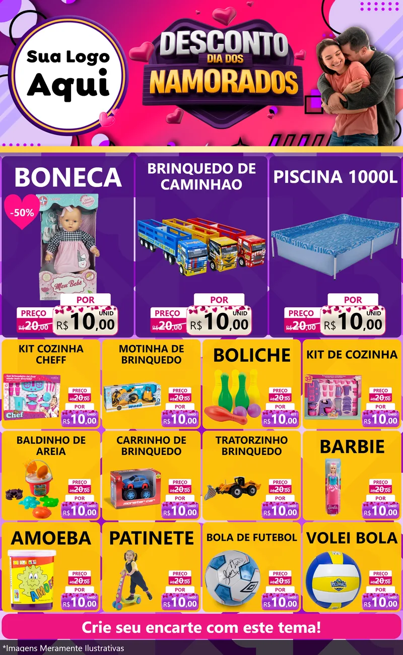 Modelo de Encarte para Encarte Grande com o tema Desconto Dia dos Namorados para Brinquedos