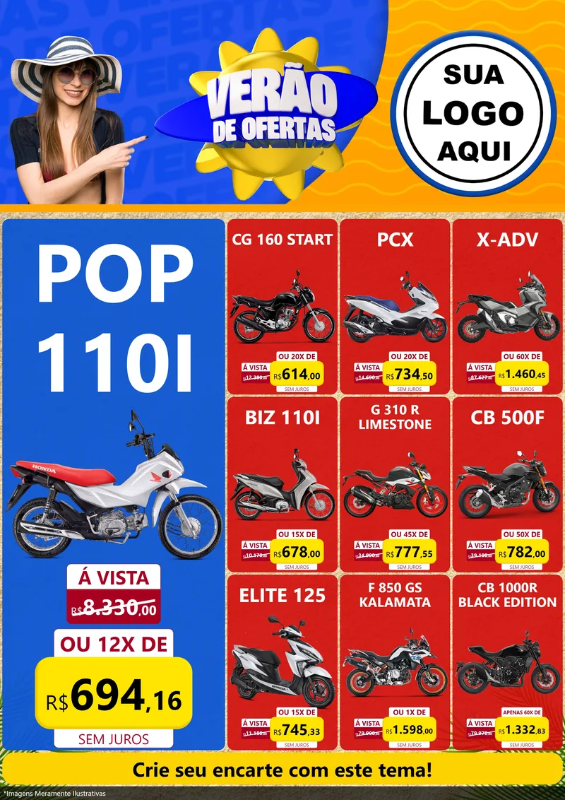 Modelo de Encarte para Encarte A4 Vertical com o tema Verão de Ofertas para Concessionaria de Motos