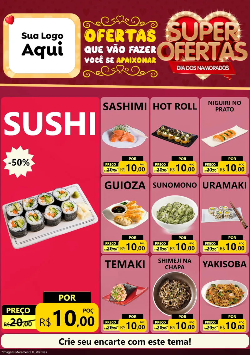 Modelo de Encarte para Encarte A4 Vertical com o tema Dia dos Namorados para Comida japonesa