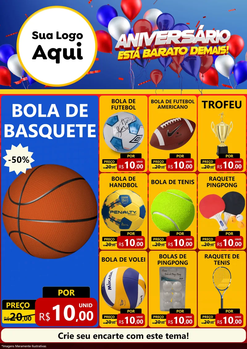 Modelo de Encarte para Encarte A4 Vertical com o tema Aniversário para Artigos Esportivos