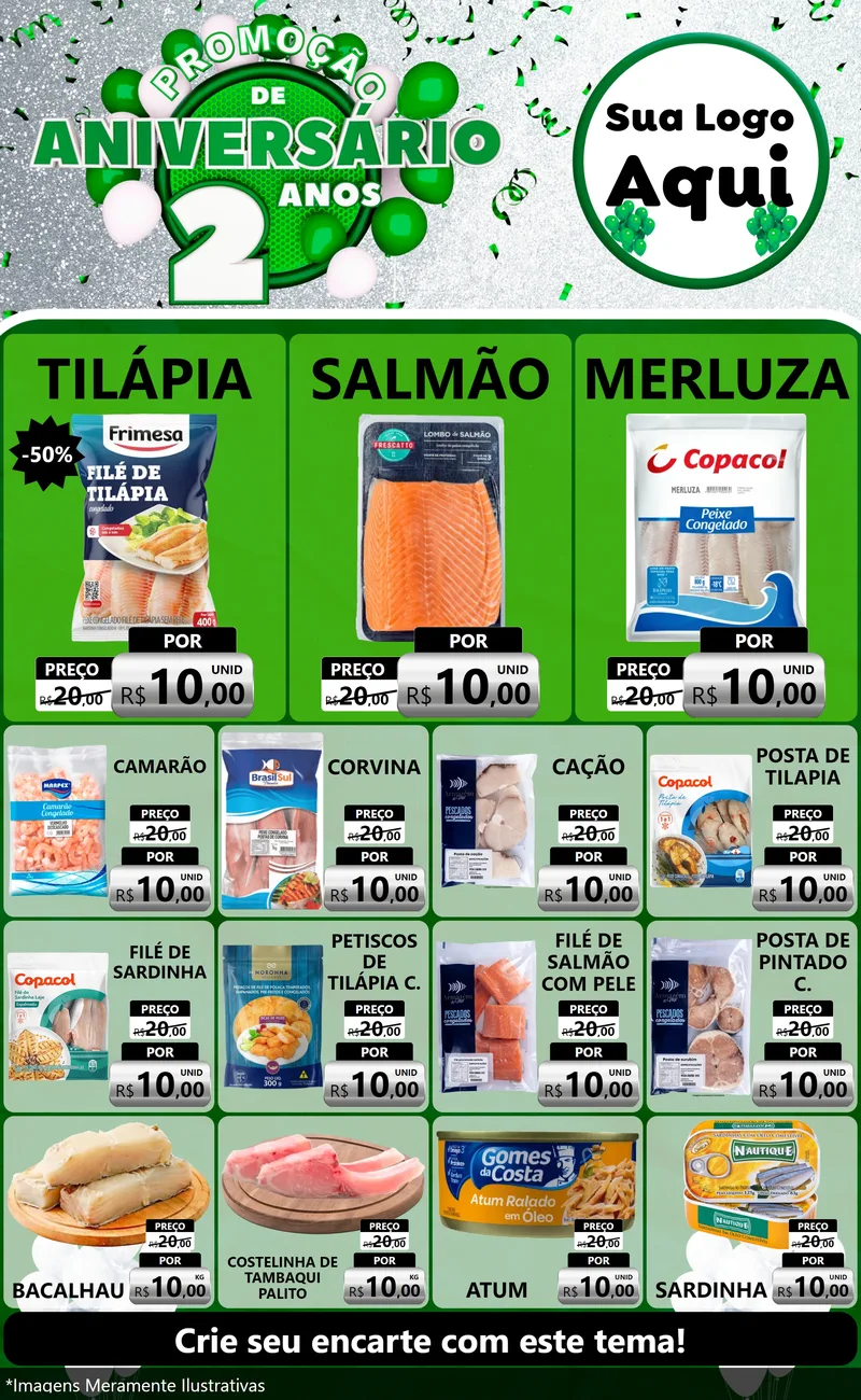 Modelo de Encarte para Encarte Grande com o tema Promoção de Aniversário - 2 Anos para Peixaria