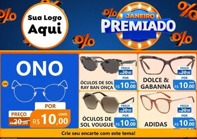 Modelo de Encarte para Encarte A4 Horizontal com o tema Janeiro Premiado para Óticas