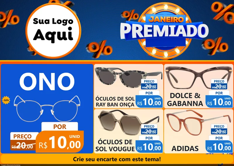 Modelo de Encarte para Encarte A4 Horizontal com o tema Janeiro Premiado para Óticas