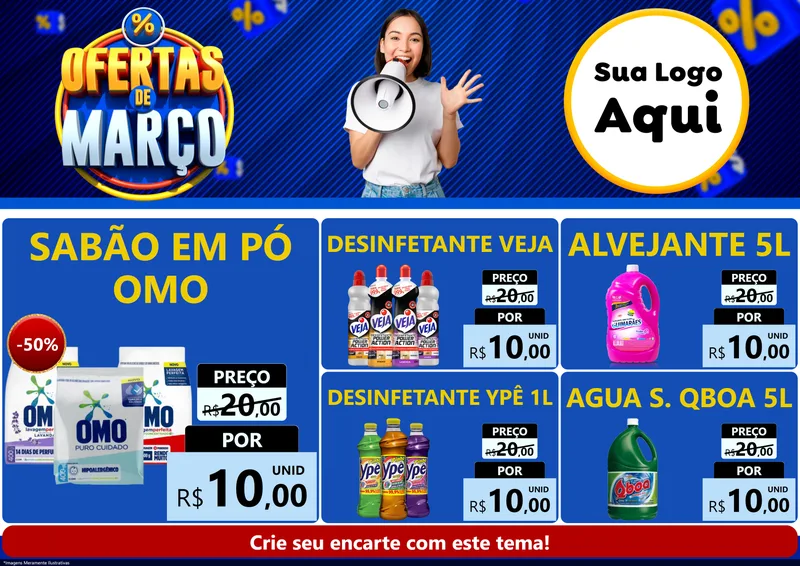 Modelo de Encarte para Encarte A4 Horizontal com o tema Ofertas de Março para Produtos de Limpeza