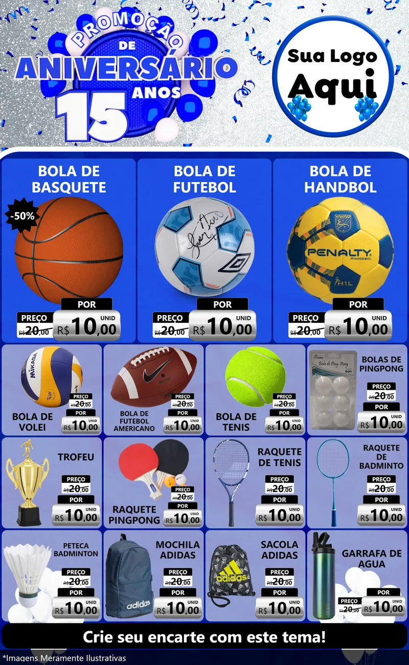Modelo de Encarte para Encarte Grande com o tema Promoção de Aniversário - 15 Anos para Artigos Esportivos