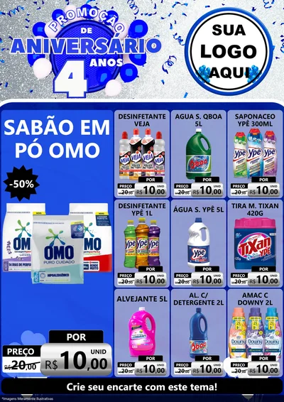 Modelo de Encarte para Encarte A4 Vertical com o tema Promoção de Aniversário - 4 Anos para Produtos de Limpeza