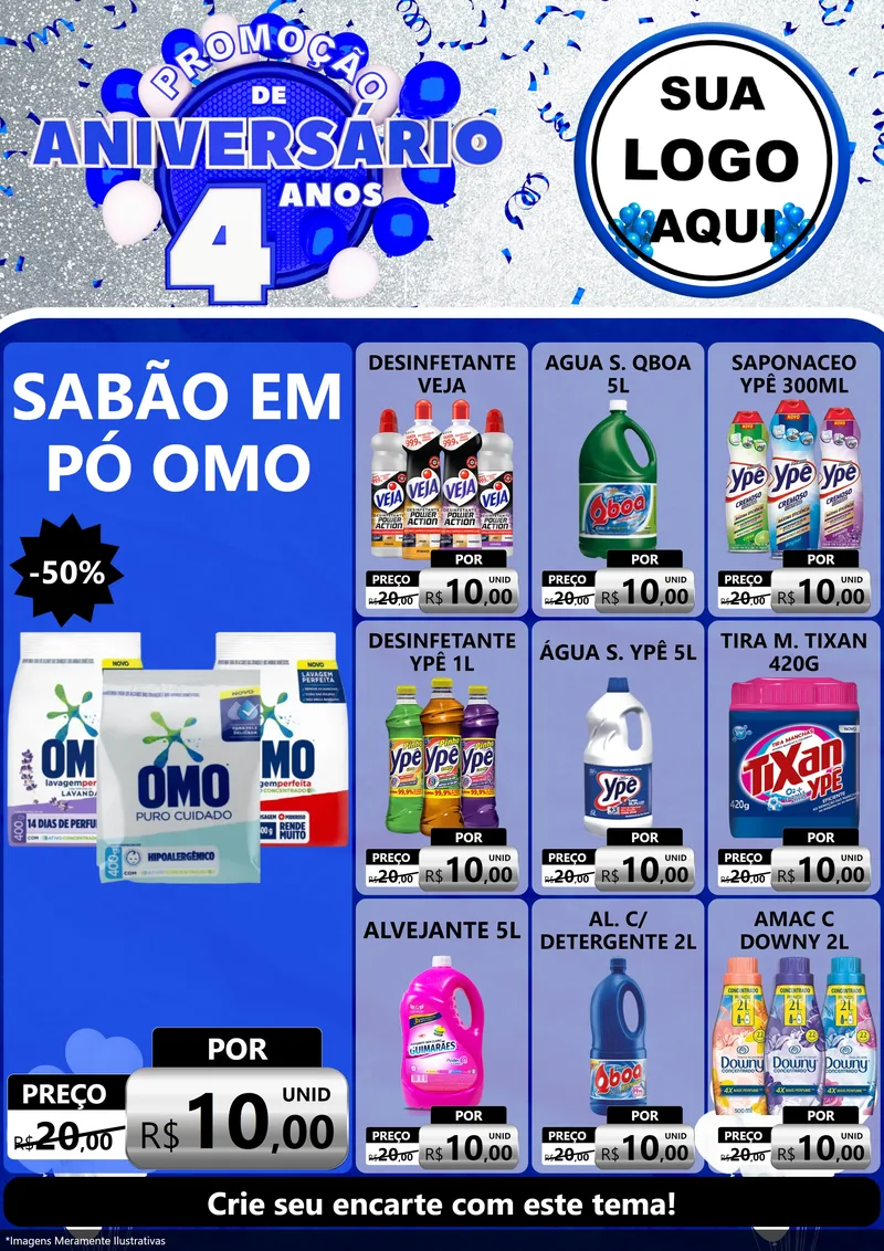 Modelo de Encarte para Encarte A4 Vertical com o tema Promoção de Aniversário - 4 Anos para Produtos de Limpeza