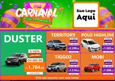 Modelo de Encarte para Encarte A4 Horizontal com o tema Pré-Carnaval Com Economia para Concessionaria de Carros