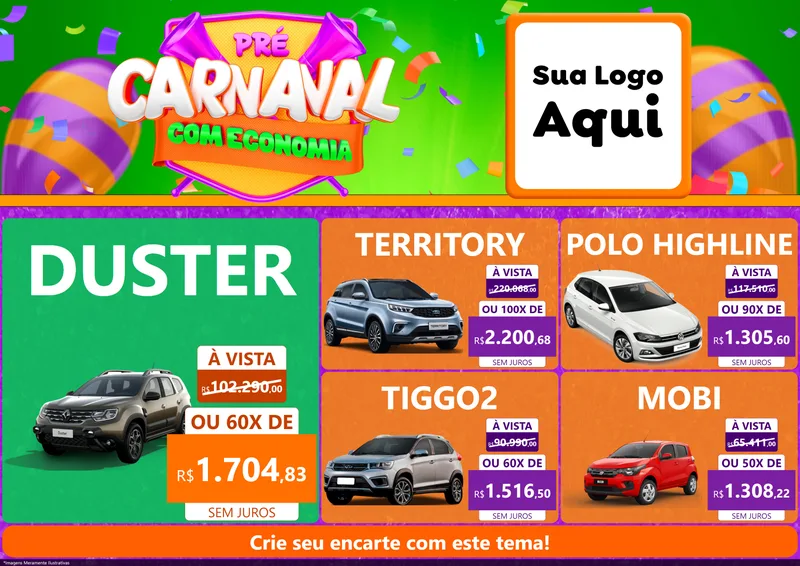 Modelo de Encarte para Encarte A4 Horizontal com o tema Pré-Carnaval Com Economia para Concessionaria de Carros