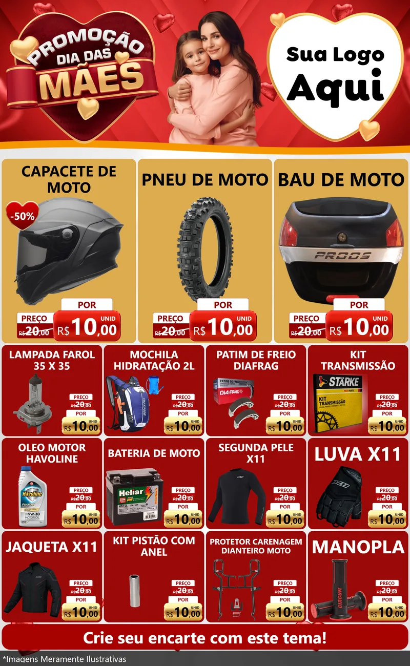 Modelo de Encarte para Encarte Grande com o tema Promoção Dia das Mães para Moto peças