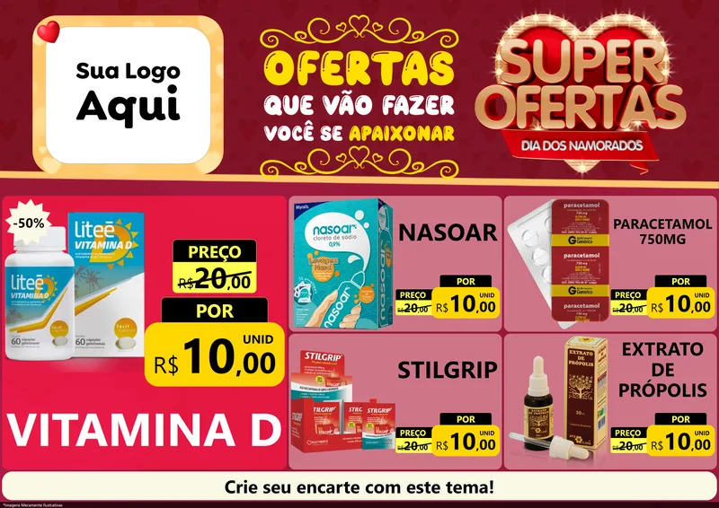 Modelo de Encarte para Encarte A4 Horizontal com o tema Dia dos Namorados para Farmácia