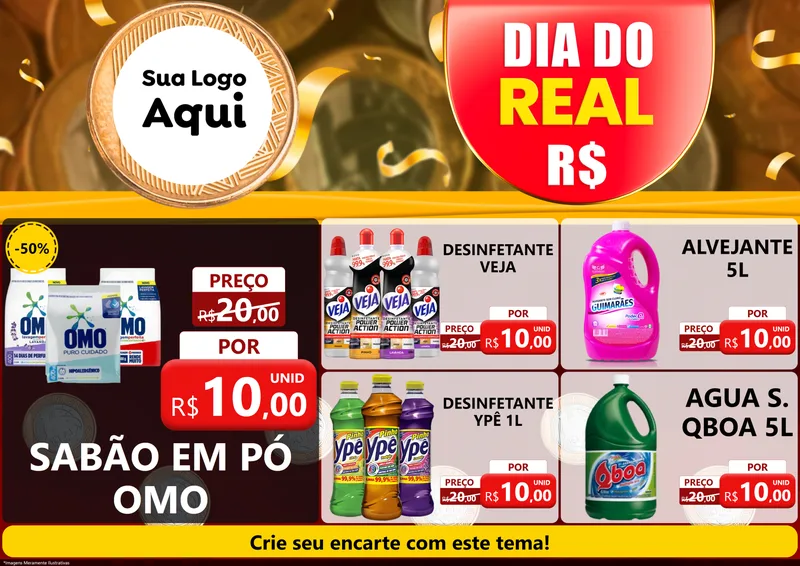 Modelo de Encarte para Encarte A4 Horizontal com o tema Dia do Real para Produtos de Limpeza