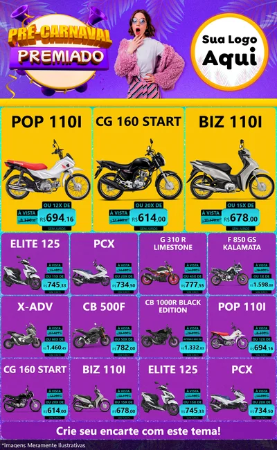 Modelo de Encarte para Encarte Grande com o tema Pré-Carnaval Premiado para Concessionaria de Motos