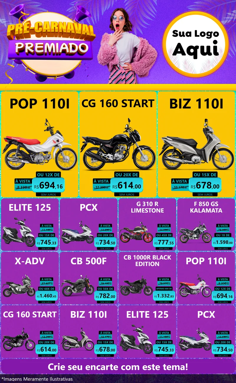Modelo de Encarte para Encarte Grande com o tema Pré-Carnaval Premiado para Concessionaria de Motos