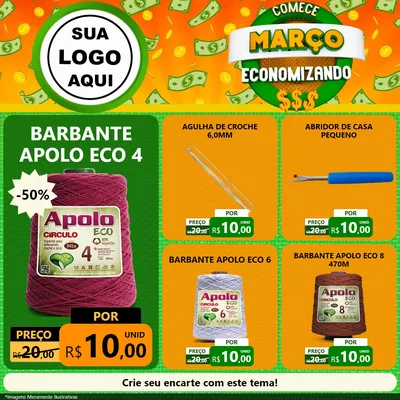 Modelo de Rede Social para Feed Facebook com o tema Comece Março Economizando para Armarinho e Aviamentos