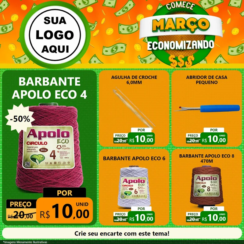 Modelo de Rede Social para Feed Facebook com o tema Comece Março Economizando para Armarinho e Aviamentos
