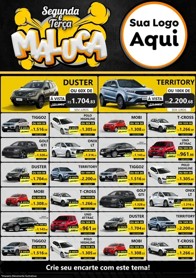 Modelo de Encarte para Encarte A4 Vertical com o tema Segunda e Terça Maluca para Concessionaria de Carros