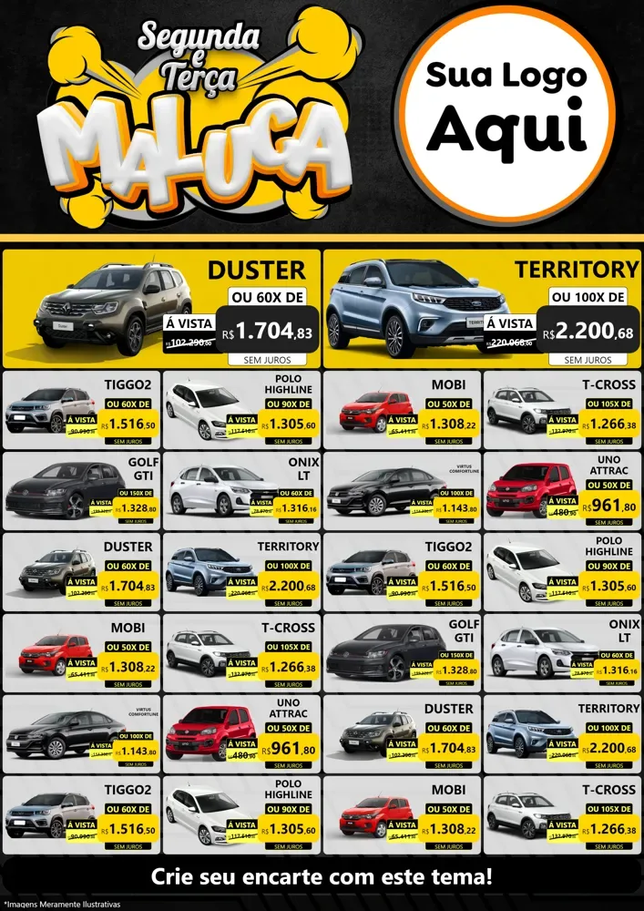 Modelo de Encarte para Encarte A4 Vertical com o tema Segunda e Terça Maluca para Concessionaria de Carros