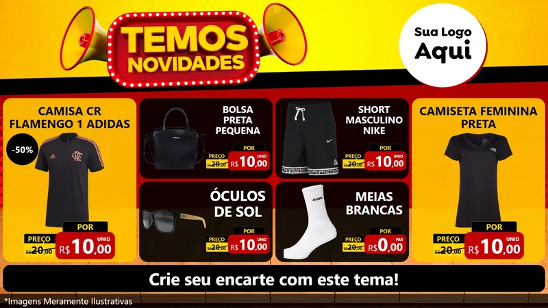 Modelo de TV para TV Horizontal com o tema Temos Novidades para Roupas e acessórios