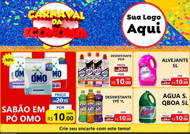 Modelo de Encarte para Encarte A4 Horizontal com o tema Carnaval da Economia para Produtos de Limpeza