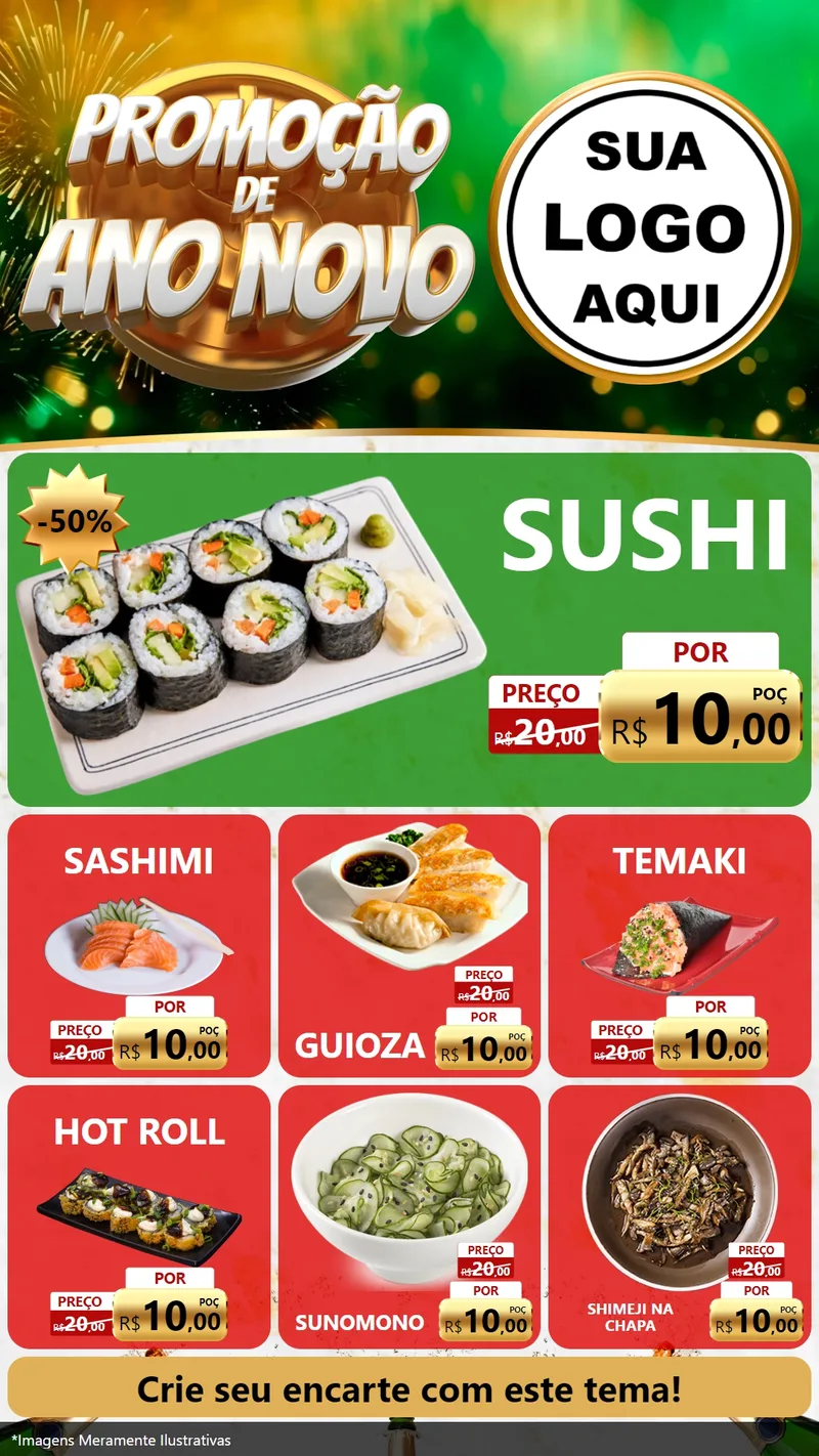 Modelo de Rede Social para Stories com o tema Promoção de Ano Novo para Comida japonesa