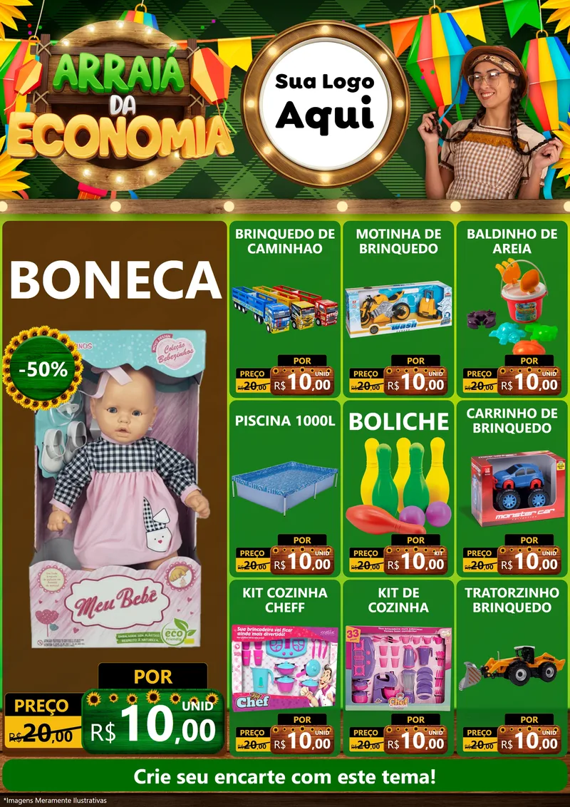 Modelo de Encarte para Encarte A4 Vertical com o tema Arraiá de Economia para Brinquedos