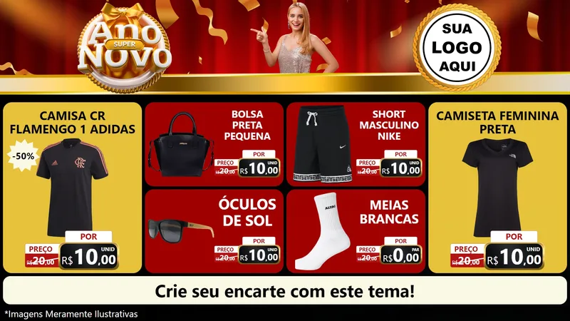 Modelo de TV para TV Horizontal com o tema Super Ano Novo para Roupas e acessórios