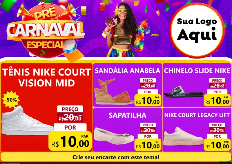 Modelo de Encarte para Encarte A4 Horizontal com o tema Pré-Carnaval Especial para Calçados