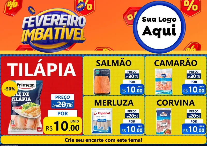 Modelo de Encarte para Encarte A4 Horizontal com o tema Fevereiro Imbatível para Peixaria