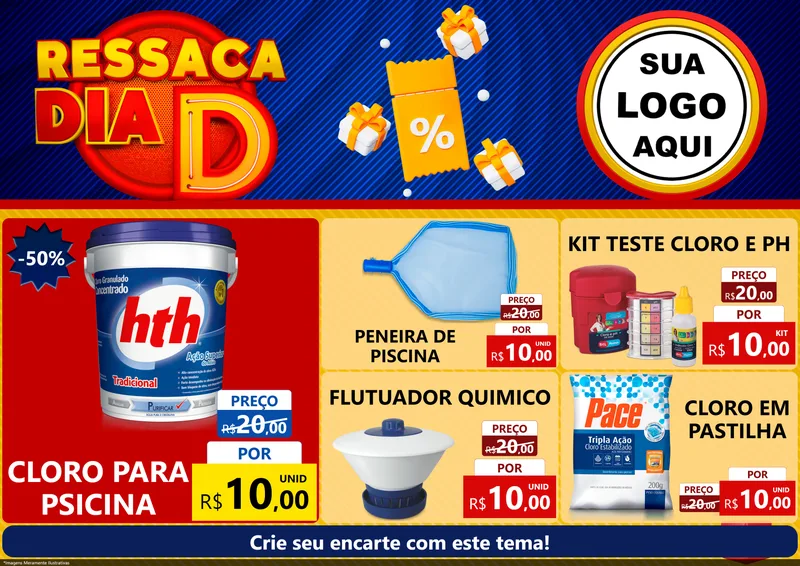 Modelo de Encarte para Encarte A4 Horizontal com o tema Ressaca Dia D para Produtos para Piscina