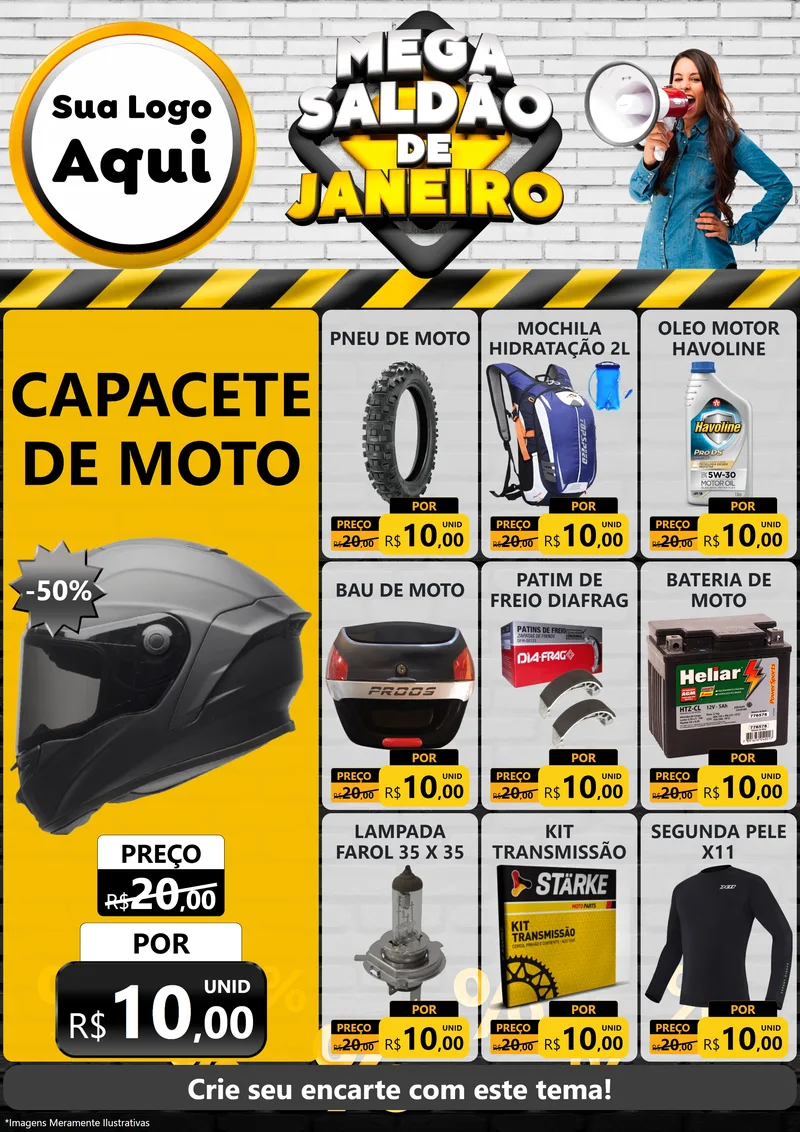 Modelo de Encarte para Encarte A4 Vertical com o tema Mega Saldão de Janeiro para Moto peças