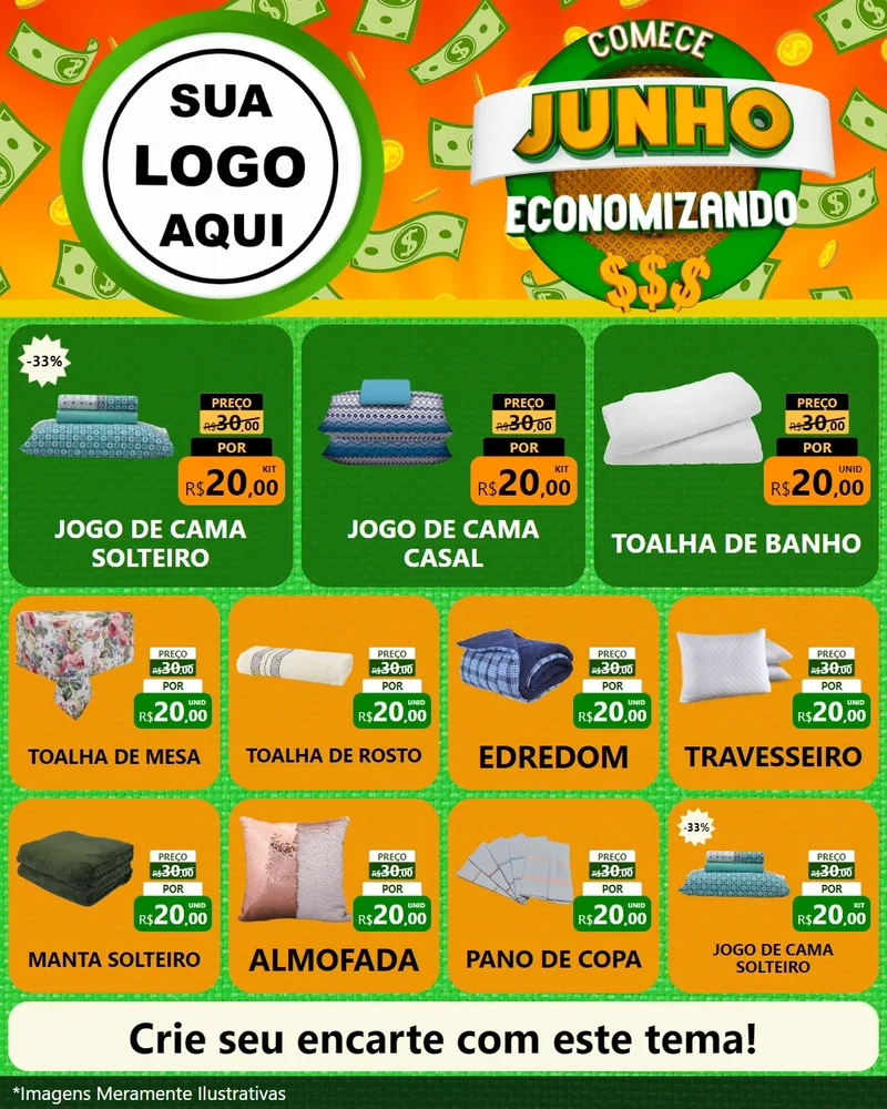 Modelo de Rede Social para Feed Instagram com o tema Comece Junho Economizando para Cama, Mesa e Banho