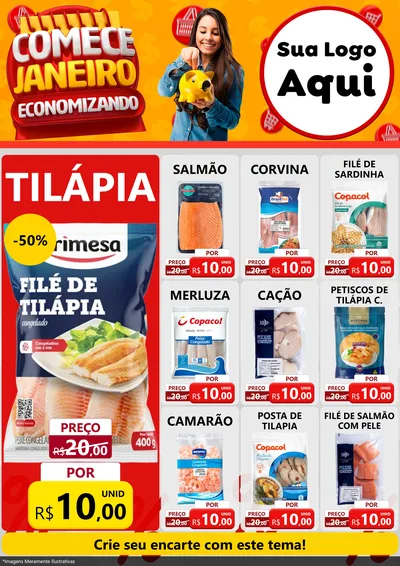 Modelo de Encarte para Encarte A4 Vertical com o tema Comece Janeiro Economizando para Peixaria