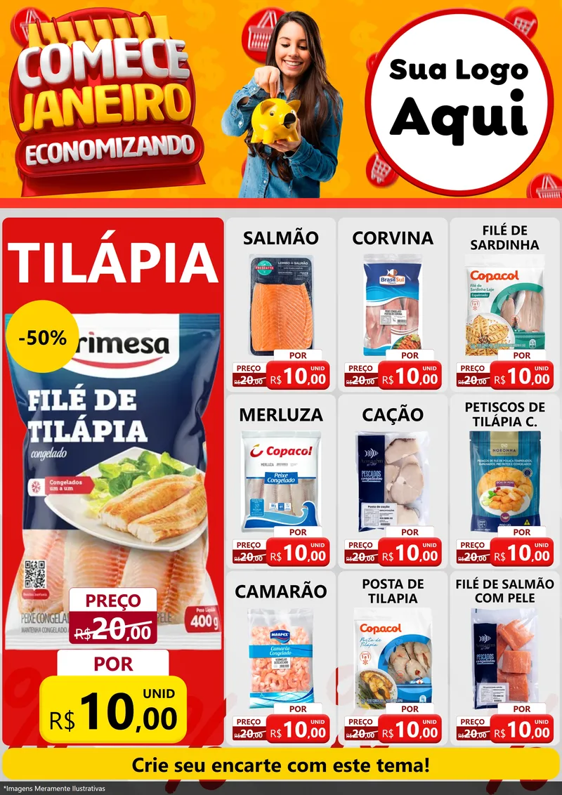 Modelo de Encarte para Encarte A4 Vertical com o tema Comece Janeiro Economizando para Peixaria