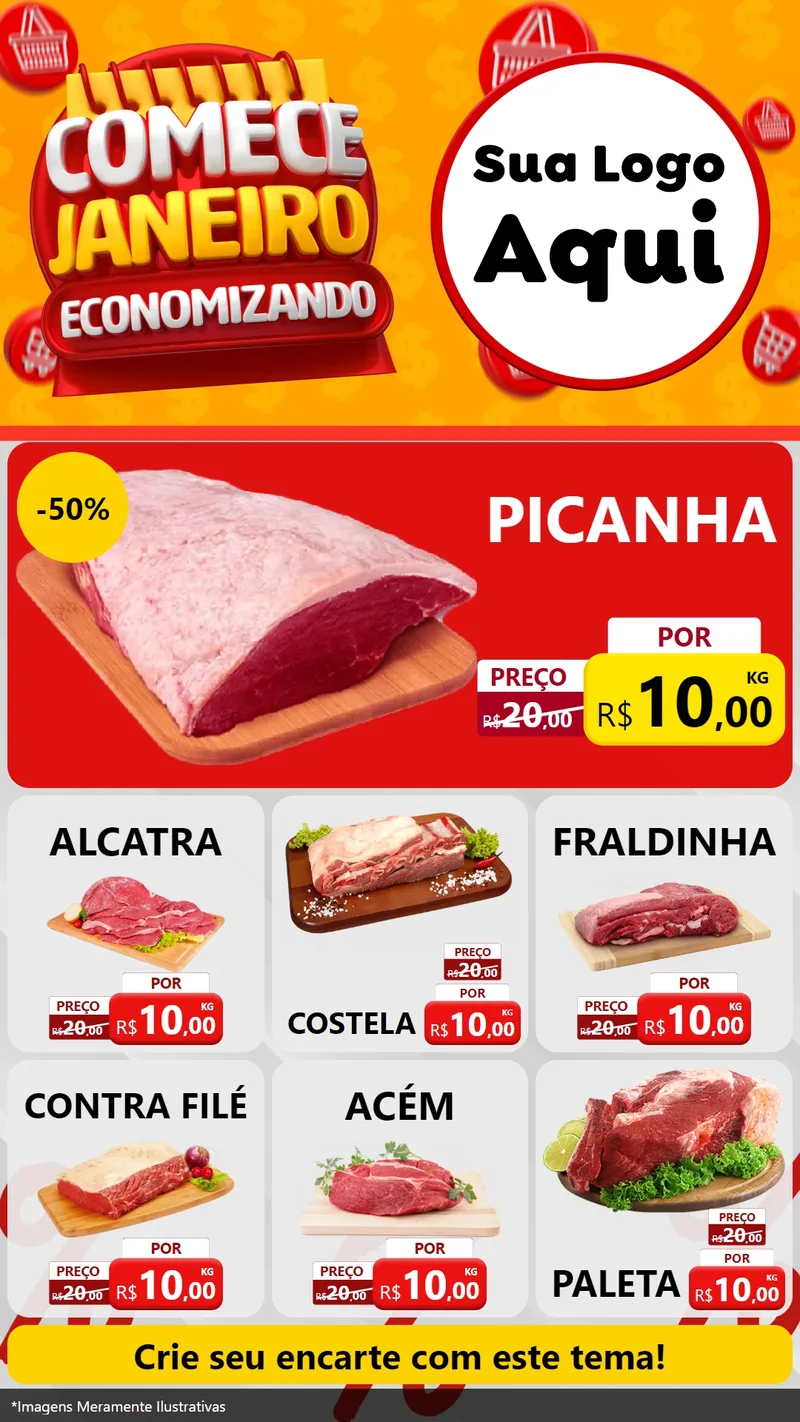 Modelo de Rede Social para Stories com o tema Comece Janeiro Economizando para Açougue