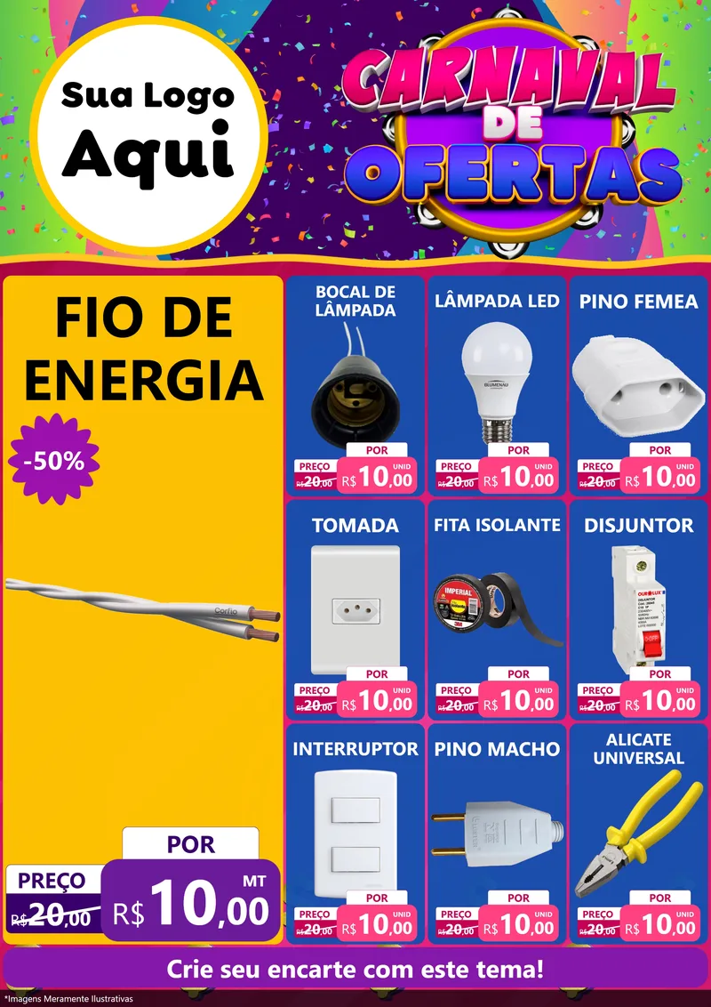 Modelo de Encarte para Encarte A4 Vertical com o tema Carnaval de Ofertas para Materiais Elétricos