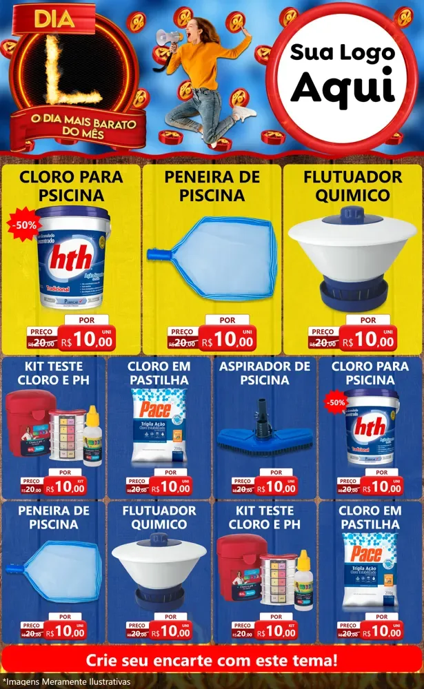Modelo de Encarte para Encarte Grande com o tema Dia L - O Dia Mais Barato Do Mês para Produtos para Piscina