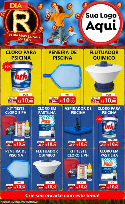Modelo de Encarte para Encarte Grande com o tema Dia R - O Dia Mais Barato Do Mês para Produtos para Piscina